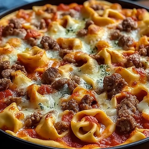 Pizza mit Fleisch und Nudeln.