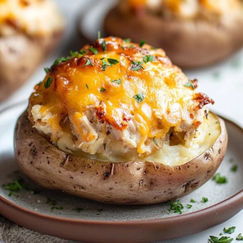 Eine warme Ofenkartoffel mit Käse und knusprigem Bacon obendrauf.