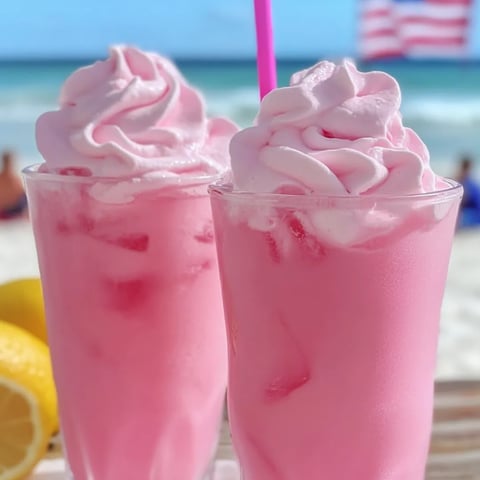 Zwei Gläser mit pinkem Milchshake und pinken Strohhalmen.