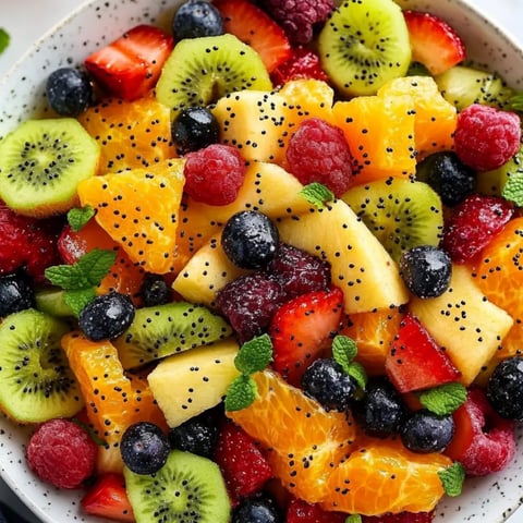 Eine Schale Obst mit Kiwi, Erdbeeren, Blaubeeren, Himbeeren und Orangen.