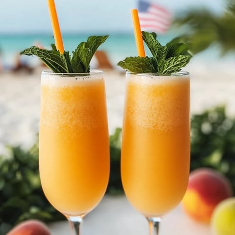 Zwei Gläser mit orangem Saft und Minzblättern.