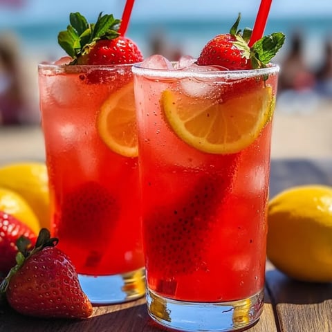 Zwei Gläser roter Erdbeer-Zitronenlimonade mit Zitronenscheiben auf einem Tisch.