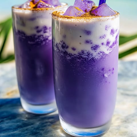 Zwei Gläser mit lila Getränk und gelbem Topping.