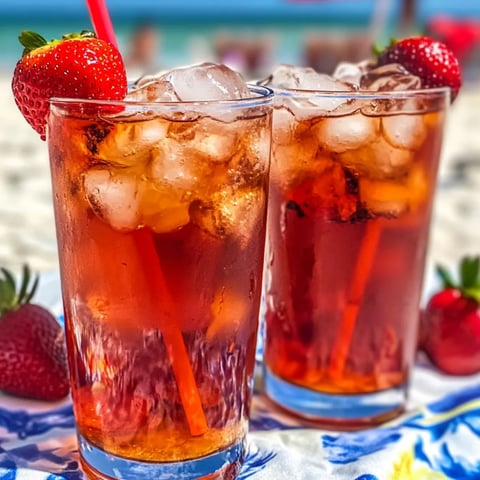 Zwei Gläser mit eiskaltem Tee und Erdbeeren.