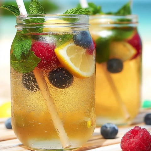 Zwei Gläser Limo mit Blaubeeren und Himbeeren.