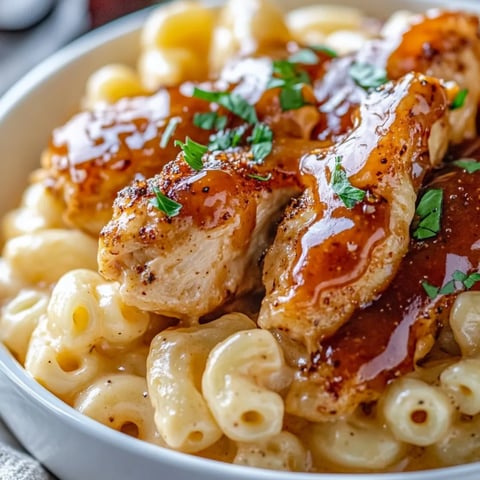 Eine Schüssel cremiger Mac and Cheese mit Hähnchen obendrauf.