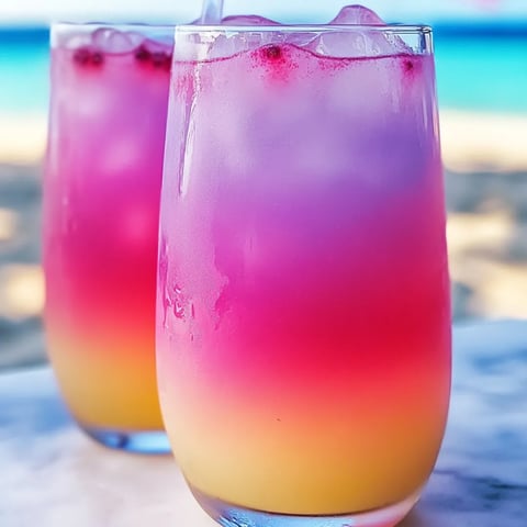 Zwei Gläser mit pink-gelben Getränken.