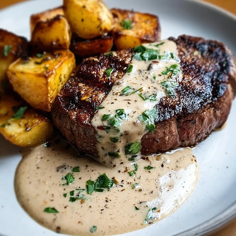 Ein Teller mit Fleisch, Soße und Kartoffeln.