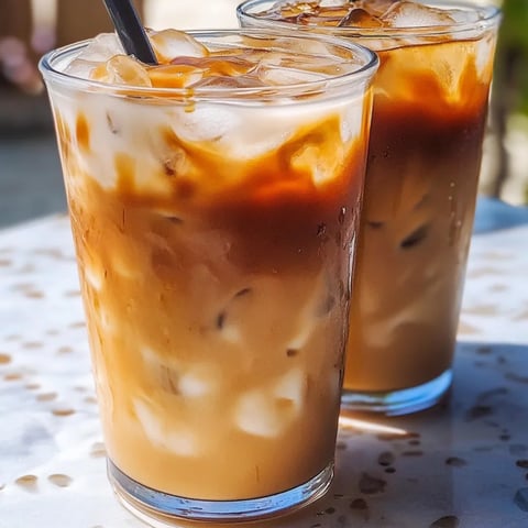 Zwei Gläser mit Eiskaffee auf dem Tisch.
