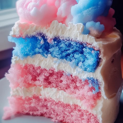 Ein Stück Kuchen mit rosa, blauer und weißer Creme.