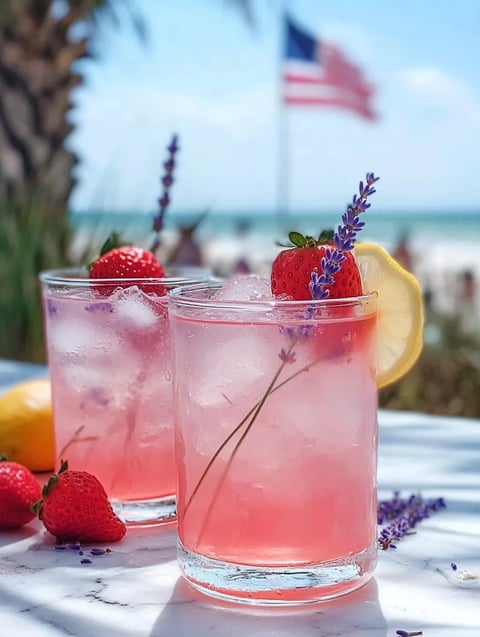 Zwei Gläser rosa Limonade mit Erdbeeren und Lavendel.