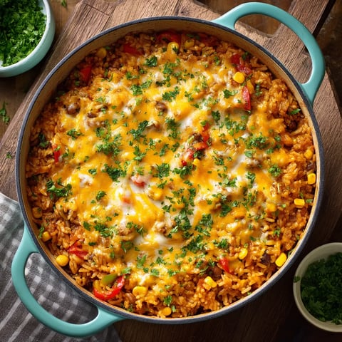 Ein großer Topf Reis mit geschmolzenem Käse und Gemüse.