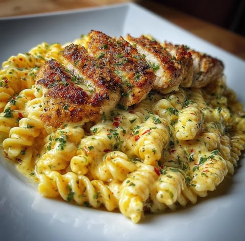 Ein Teller mit Pasta und Hähnchen obendrauf.