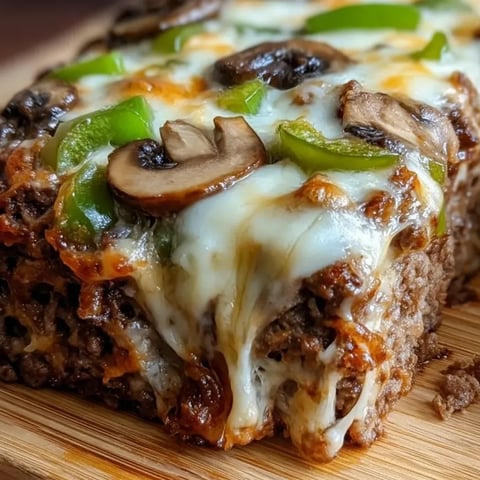 Eine Scheibe Fleischkäse mit Pilzen und Paprika obendrauf.