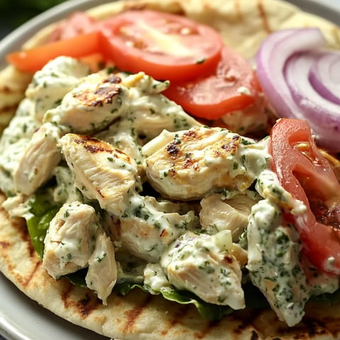 Ein Teller mit Hähnchen, Tomaten, Zwiebeln und Salat.