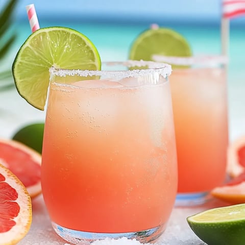 Zwei Gläser mit pinkfarbenem Drink, Limetten und Orangen.