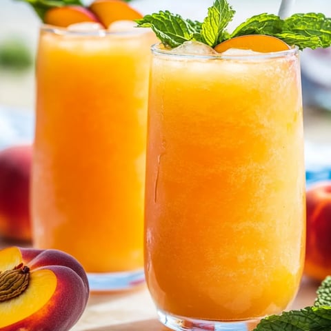Zwei Gläser mit Pfirsichsaft und Minze.