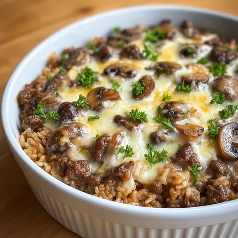 Eine Schüssel mit Reis, Pilzen und Käse.