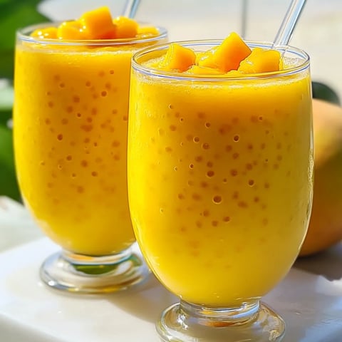 Zwei Gläser Orangensaft mit Mangostücken darin.