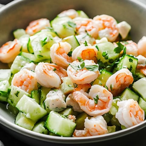 Schale mit cremigem Garnelen-Gurken-Salat.