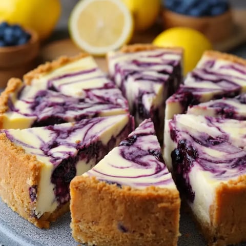 Stück Zitronen-Blaubeer-Käsekuchen auf dem Teller.