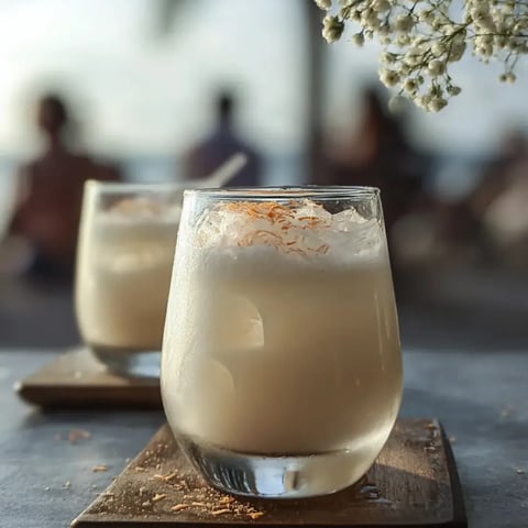 Zwei Gläser Milch mit orangen Streuseln stehen auf einem Tisch.