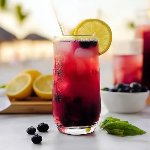 Ein Glas satter roter Saft mit Blaubeeren und Zitronenscheiben.