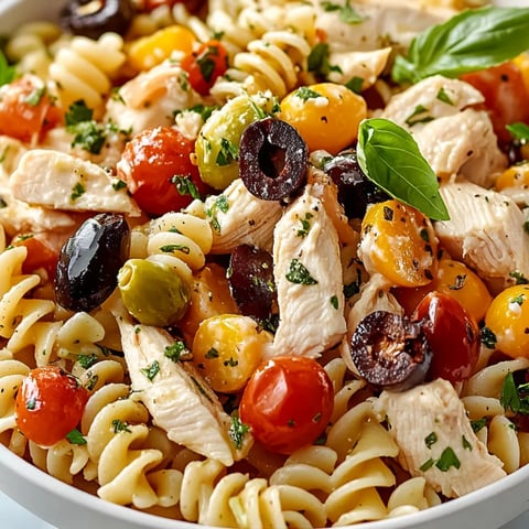 Schüssel mit Pasta, Hühnchen, Tomaten, Oliven und Basilikum.