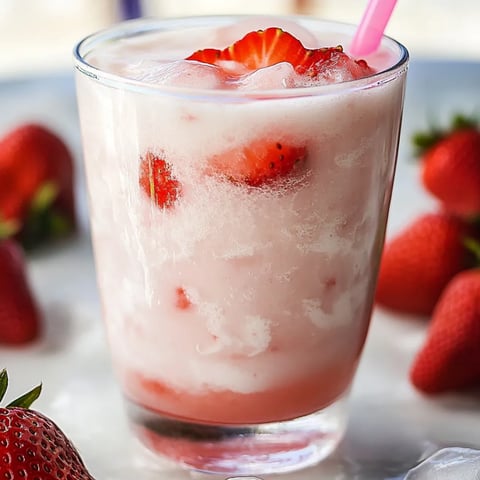 Ein Glas Erdbeermilch mit rosa Strohhalm.