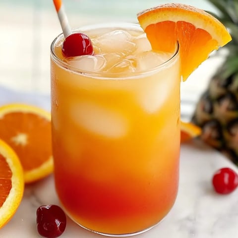 Ein Glas Orangensaft mit einer Kirsche dekoriert.