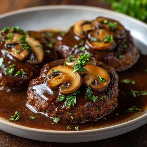 Ein Teller mit Fleisch und Pilzen obendrauf.