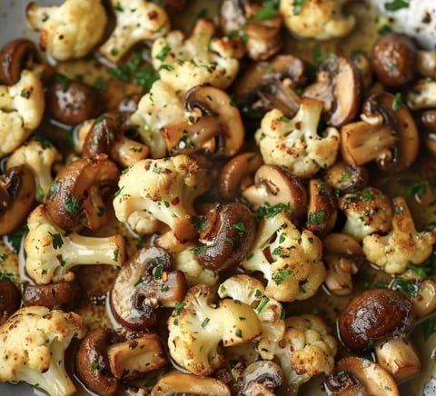 Nahaufnahme einer Mischung aus Pilzen und Blumenkohl.