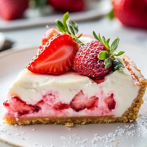Ein Stück Kuchen mit Erdbeeren oben drauf.