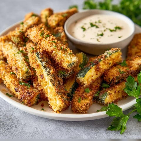 Ein Teller mit krossen Zucchinisticks und einer Schale Dip.
