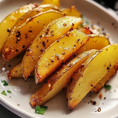Ein Teller mit Kartoffelspalten und Löffel.