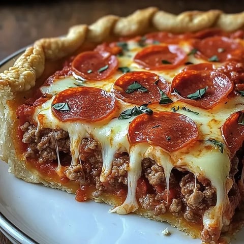 Ein Stück Pizza mit Pfefferwurst und Käse.