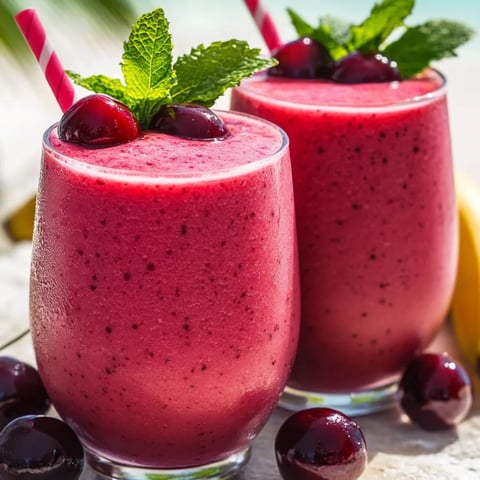 Zwei Gläser Beerenshake mit Strohhalmen.