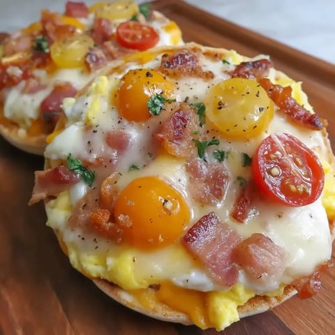 Ein Frühstücksbrötchen mit Tomaten und Speck.