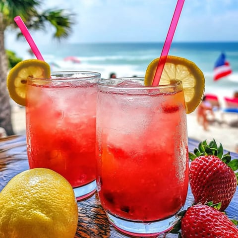 Zwei Gläser rosa Limonade mit Zitronenscheiben auf dem Tisch.