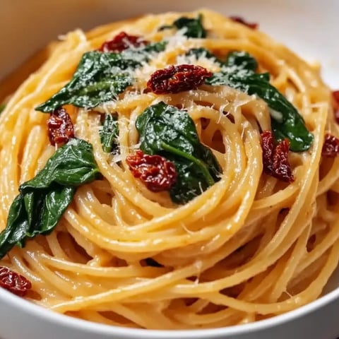 Ein Teller Pasta mit roten Paprika und Käse.