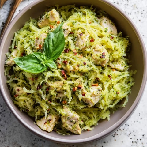 Hähnchen mit Pesto auf Kürbisspaghetti.