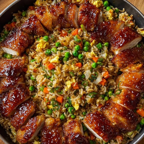 Ein Teller mit Reis, Erbsen, Karotten und Hähnchen.