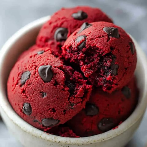 Eine Schale voll rotem Samtig-Rot-Teig mit Schokostückchen.