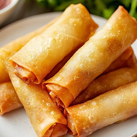 Ein Teller mit Frühlingsrollen und einem Schälchen Sauce.