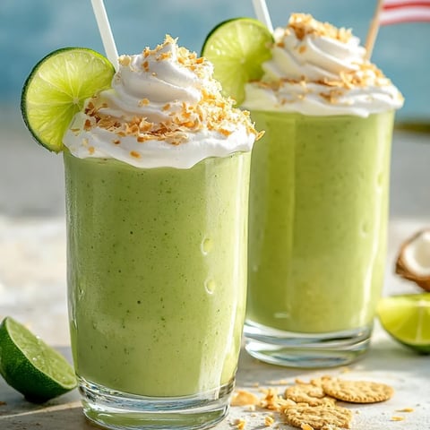 Zwei Gläser grüner Smoothie mit Kokos obendrauf.