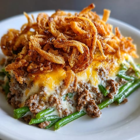 Ein Teller Auflauf, getoppt mit Röstzwiebeln.