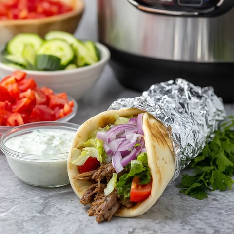 Ein Wrap mit Fleisch und Gemüse auf einem Tisch.