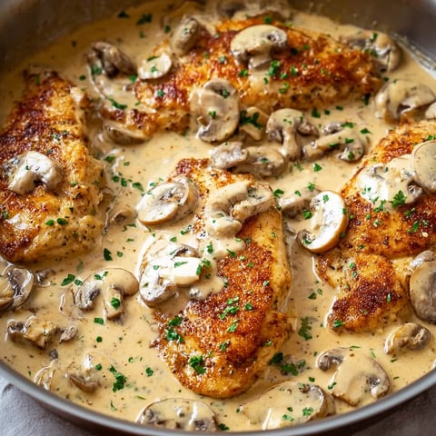 Eine Pfanne mit Hähnchen, Pilzen und Kräutern.