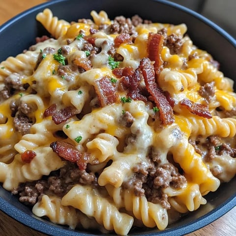 Eine Schüssel Pasta mit Fleisch und geschmolzenem Käse.