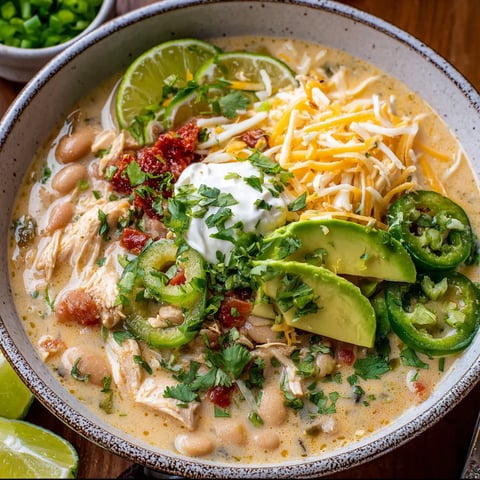 Eine Schale Suppe mit Huhn, Bohnen und Avocado.